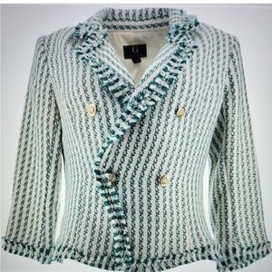 G Giuliana Stripe Fringe,/weed Double Breasted Blazer White & Jade Sz Large NWOT